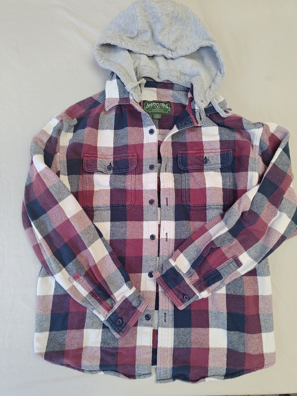American Eagle Outfitters Plaid Hooded Shirt Jacket - Burgundy Navy Cream - Picture 1 of 5
